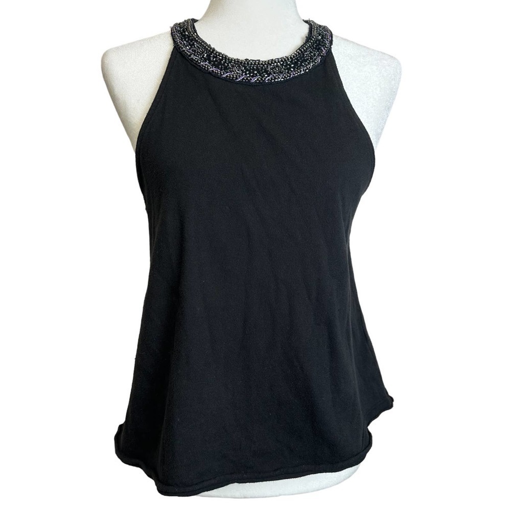 Free People Tank-Top Women’s SMALL‎ PETITE Top Halter Beaded Black Sleeveless